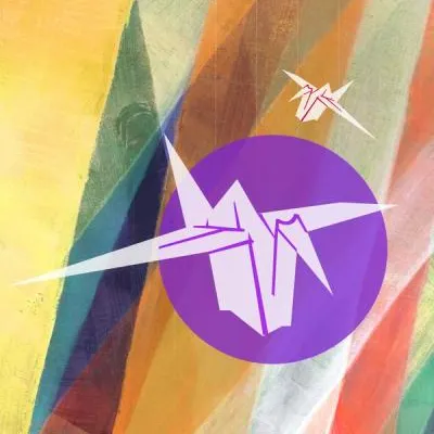 An illustration of a paper crane overlaid on multicolored artwork.