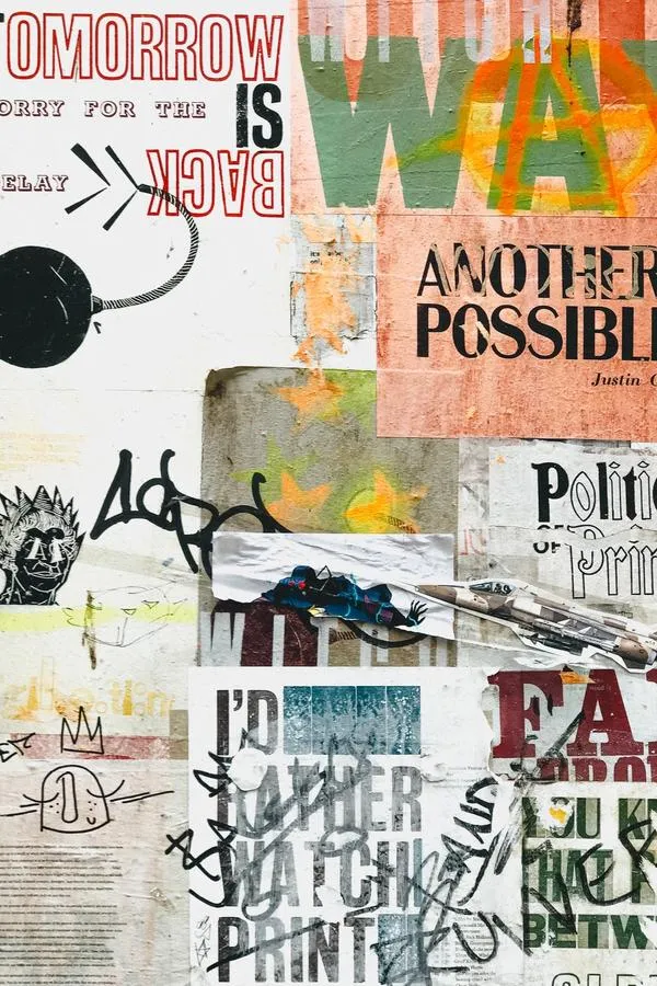 Collage artwork with overlapping images and text, exhibiting an ethos of social change.